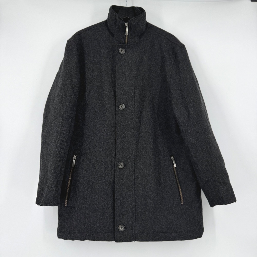 Jos A Bank Mens Grey Wool Blend Herringbone Car Coat Jacket Medium Quilted Liner
